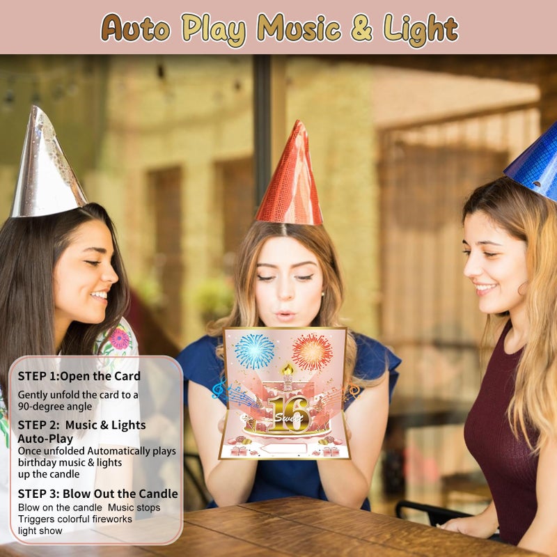 Turypaty Sweet 16th Birthday Cards Pop Up 3D Cake - Firework & Music & Blow Out Candle Light Funny Happy 16 Party Decorations, Pink Gold 16th Birthday Card Gifts for Girls, Friends, Daughter, Grandkid - Image 5