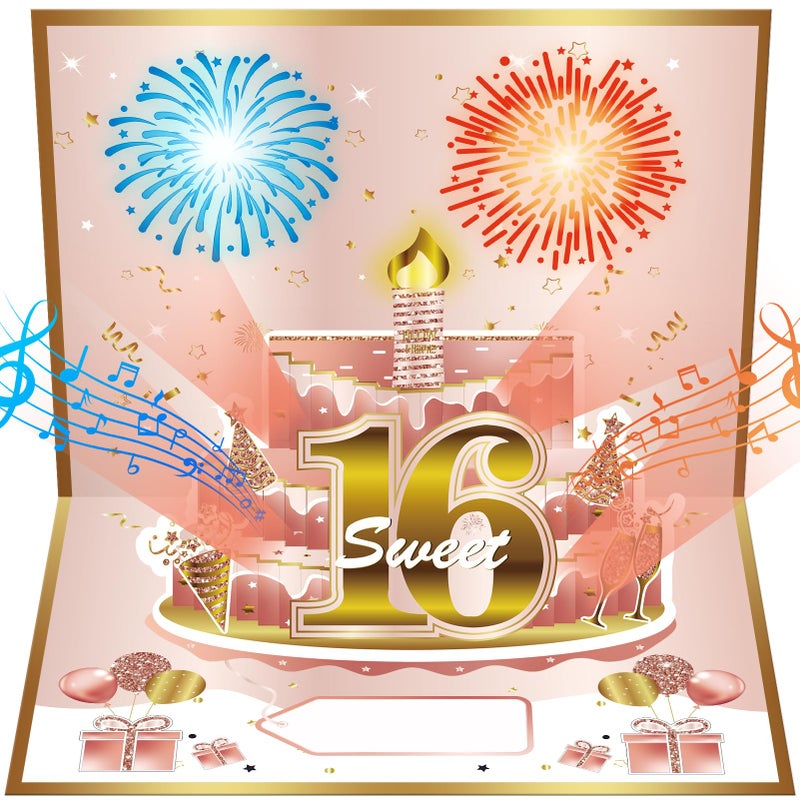 Turypaty Sweet 16th Birthday Cards Pop Up 3D Cake - Firework & Music & Blow Out Candle Light Funny Happy 16 Party Decorations, Pink Gold 16th Birthday Card Gifts for Girls, Friends, Daughter, Grandkid - Image 1