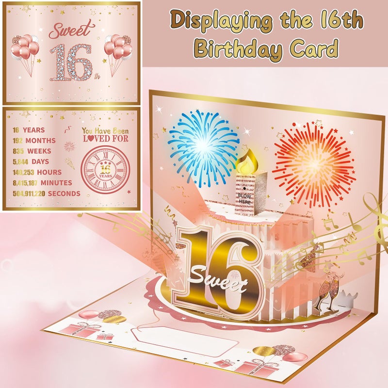 Turypaty Sweet 16th Birthday Cards Pop Up 3D Cake - Firework & Music & Blow Out Candle Light Funny Happy 16 Party Decorations, Pink Gold 16th Birthday Card Gifts for Girls, Friends, Daughter, Grandkid - Image 3