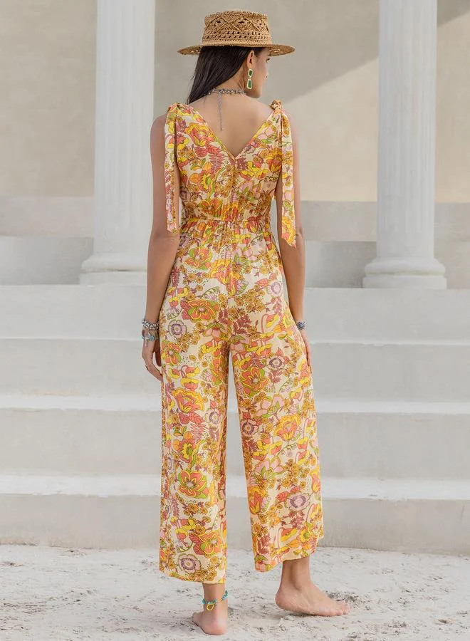 Take Two Take Two Floral Print Wide Leg Lace Detail Jumpsuit