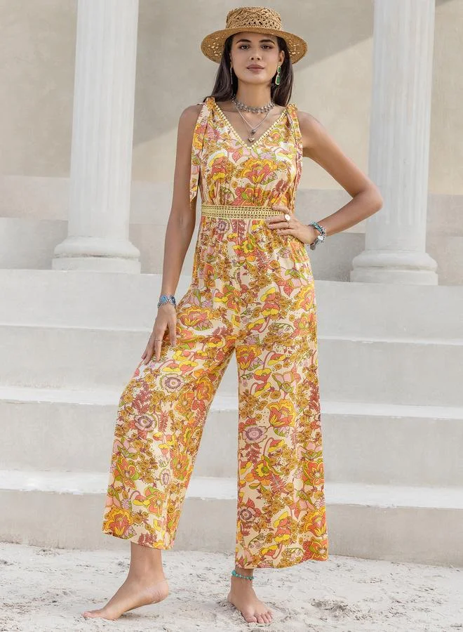 Take Two Take Two Floral Print Wide Leg Lace Detail Jumpsuit