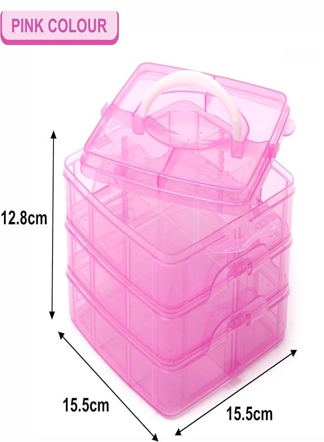 FINWARE 3-Layer 18-Grid Adjustable Jewelery Organizer | Storage Box Cosmetic Make Up Jewellery Vanity Box Case with Removable Dividers Vanity Box (1, Pink) - Image 2