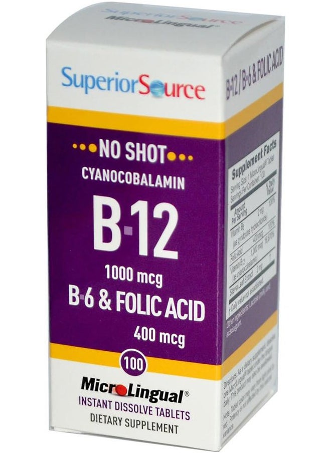 Superior Source No Shot Vitamin B-12 Cyanocobalamin 1000 mcg, B-6, Folic Acid 400 mcg - Support Brain & Heart Health - Aids Natural Energy Levels - 100 Sublingual Dissolving Tablets  - Image 1