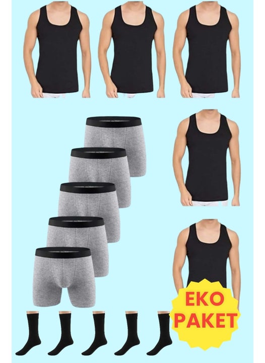 Men's 15 Piece Economic Package Undershirt Boxer and Socks Set 5 Undershirt 5 Boxers 5 Pairs of Socks