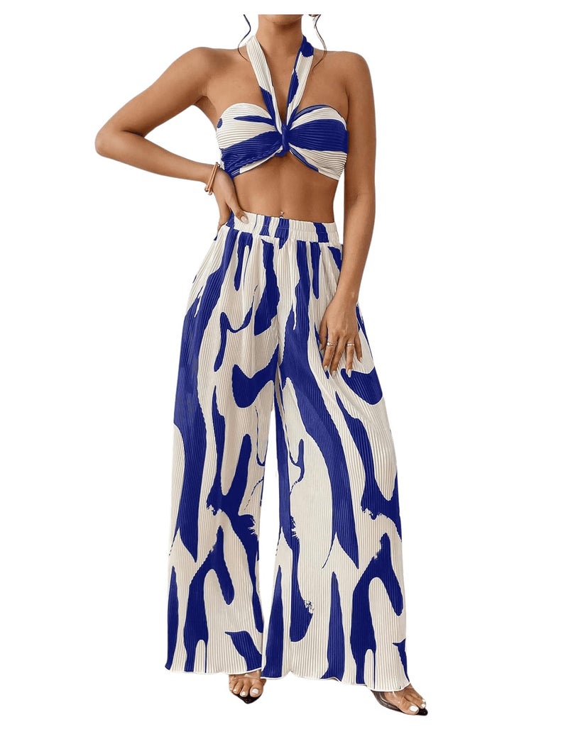 OYOANGLE Women's 2 Piece Vacation Outfits Graphic Print Knitted Crop Halter Top and Wide Leg Pants Set Royal Blue Large - Image 1