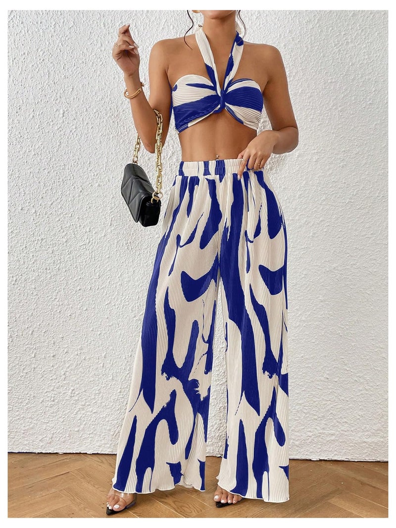 OYOANGLE Women's 2 Piece Vacation Outfits Graphic Print Knitted Crop Halter Top and Wide Leg Pants Set Royal Blue Large - Image 5
