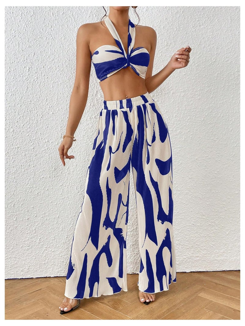 OYOANGLE Women's 2 Piece Vacation Outfits Graphic Print Knitted Crop Halter Top and Wide Leg Pants Set Royal Blue Large - Image 3