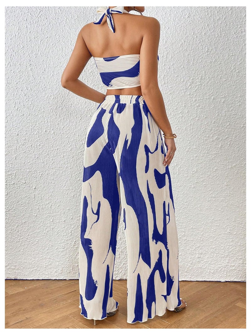 OYOANGLE Women's 2 Piece Vacation Outfits Graphic Print Knitted Crop Halter Top and Wide Leg Pants Set Royal Blue Large - Image 2