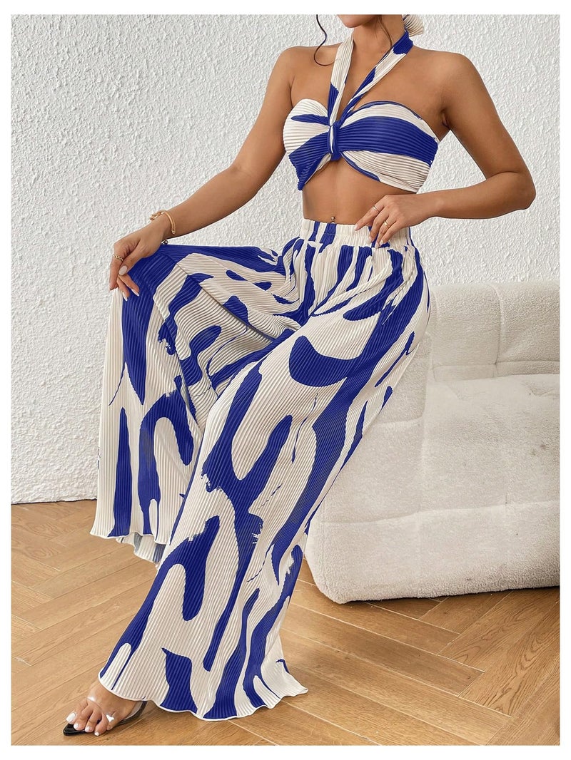 OYOANGLE Women's 2 Piece Vacation Outfits Graphic Print Knitted Crop Halter Top and Wide Leg Pants Set Royal Blue Large - Image 4