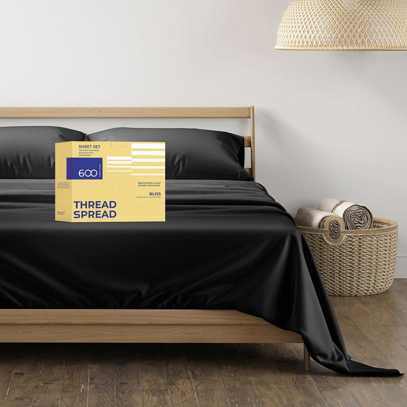THREAD SPREAD 100 Egyptian Cotton Queen Size Sheet Set  4 PC 600 Thread Count Egyptian Cotton Sheets Set for Queen Size Bed Black Soft Cooling Luxury Hotel 16 Deep Pocket Sateen Bedsheet