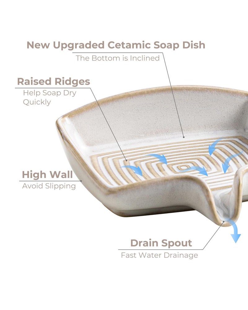Zoeeker Soap Dishes, Ceramic Shower Soap Dish with Waterfall Design Bar Soap Holder Self Draining Soap Saver for Shower, Bathroom, Sink, Kitchen and Countertop, Beige White - Image 4