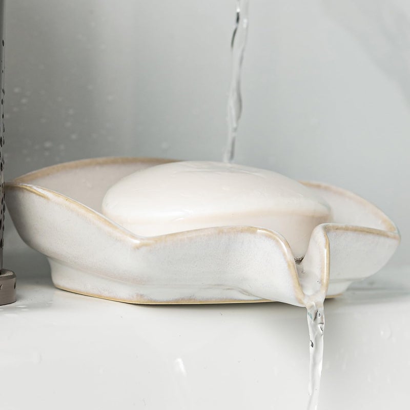 Zoeeker Soap Dishes, Ceramic Shower Soap Dish with Waterfall Design Bar Soap Holder Self Draining Soap Saver for Shower, Bathroom, Sink, Kitchen and Countertop, Beige White - Image 1