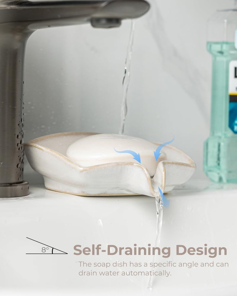 Zoeeker Soap Dishes, Ceramic Shower Soap Dish with Waterfall Design Bar Soap Holder Self Draining Soap Saver for Shower, Bathroom, Sink, Kitchen and Countertop, Beige White - Image 3