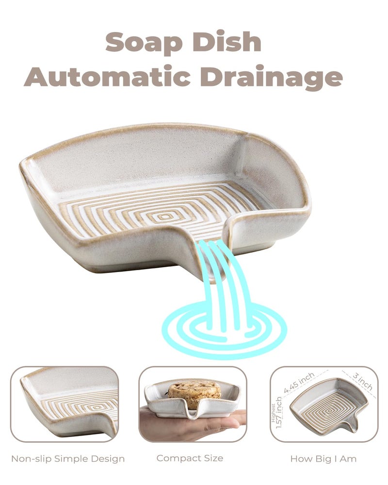Zoeeker Soap Dishes, Ceramic Shower Soap Dish with Waterfall Design Bar Soap Holder Self Draining Soap Saver for Shower, Bathroom, Sink, Kitchen and Countertop, Beige White - Image 2