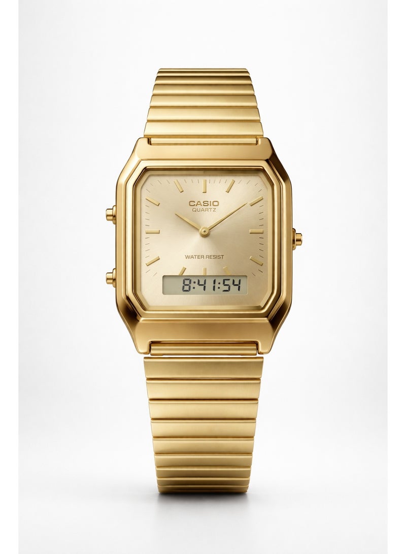 ساعة كاسيو رجالية أنالوج ورقمية بسوار ذهبي من الستانلس ستيل – ساعة بميناء مربع مقاومة للماء مع شاشة رقمية