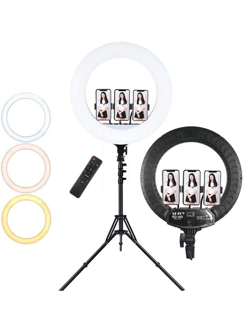Ring Light with 3 Color Modes Dimmable LED Photography, YouTube, Video & Photo Shoot, Live Stream, Makeup, Vlogging, Compatible with iPhone/Android & Cameras, 3 Holders + Remote (Ring 46cm + Stand)  - Image 1