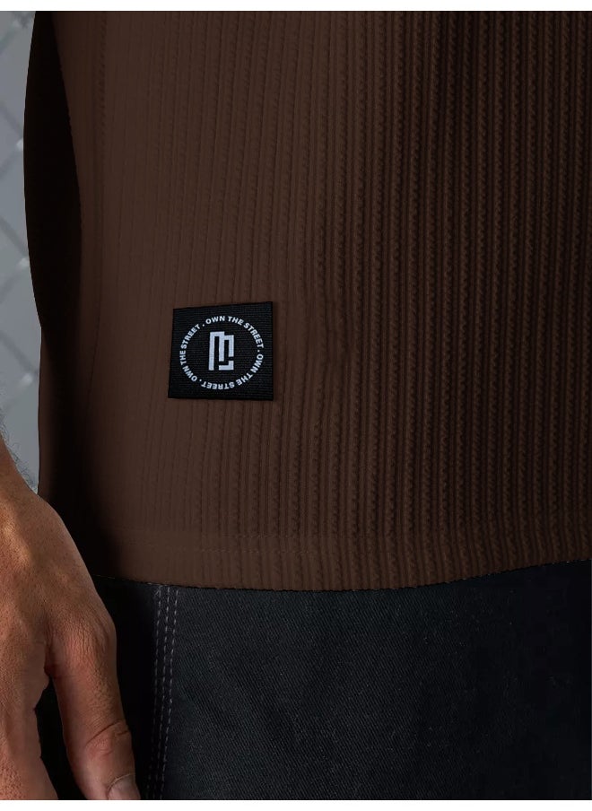 Maniac Mens Solid Round Neck 3/4th Sleeve Brown Seersucker CottonBlend Oversized T-Shirt  - Image 3