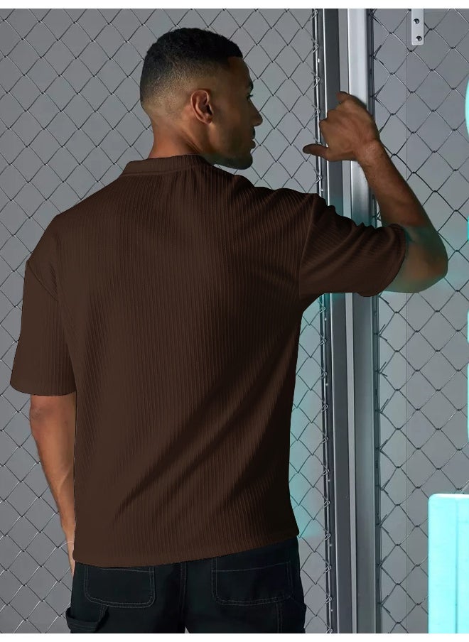 Maniac Mens Solid Round Neck 3/4th Sleeve Brown Seersucker CottonBlend Oversized T-Shirt  - Image 2