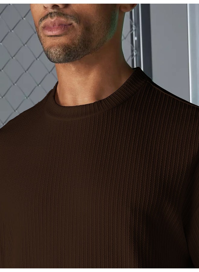 Maniac Mens Solid Round Neck 3/4th Sleeve Brown Seersucker CottonBlend Oversized T-Shirt  - Image 4