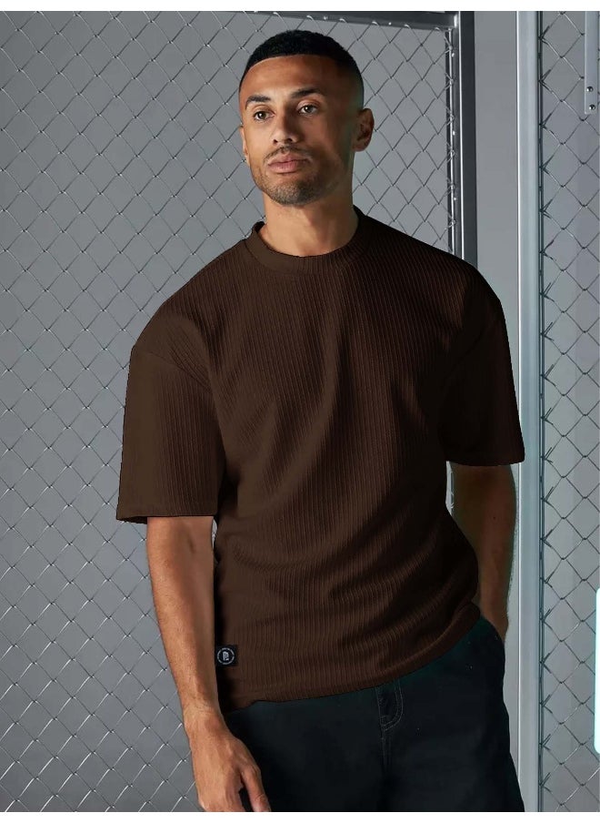 Maniac Mens Solid Round Neck 3/4th Sleeve Brown Seersucker CottonBlend Oversized T-Shirt  - Image 1