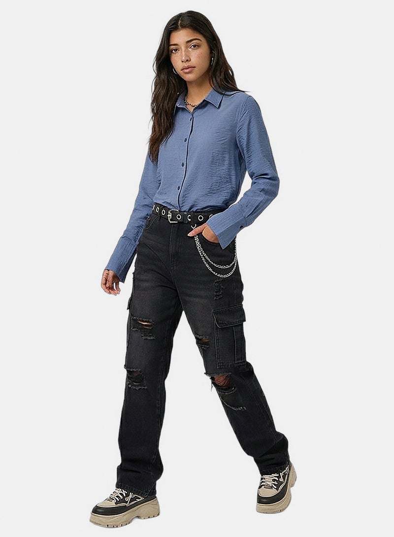 RAVIN Women Slate Blue Textured Button-Down Long Sleeve Shirt - Image 3
