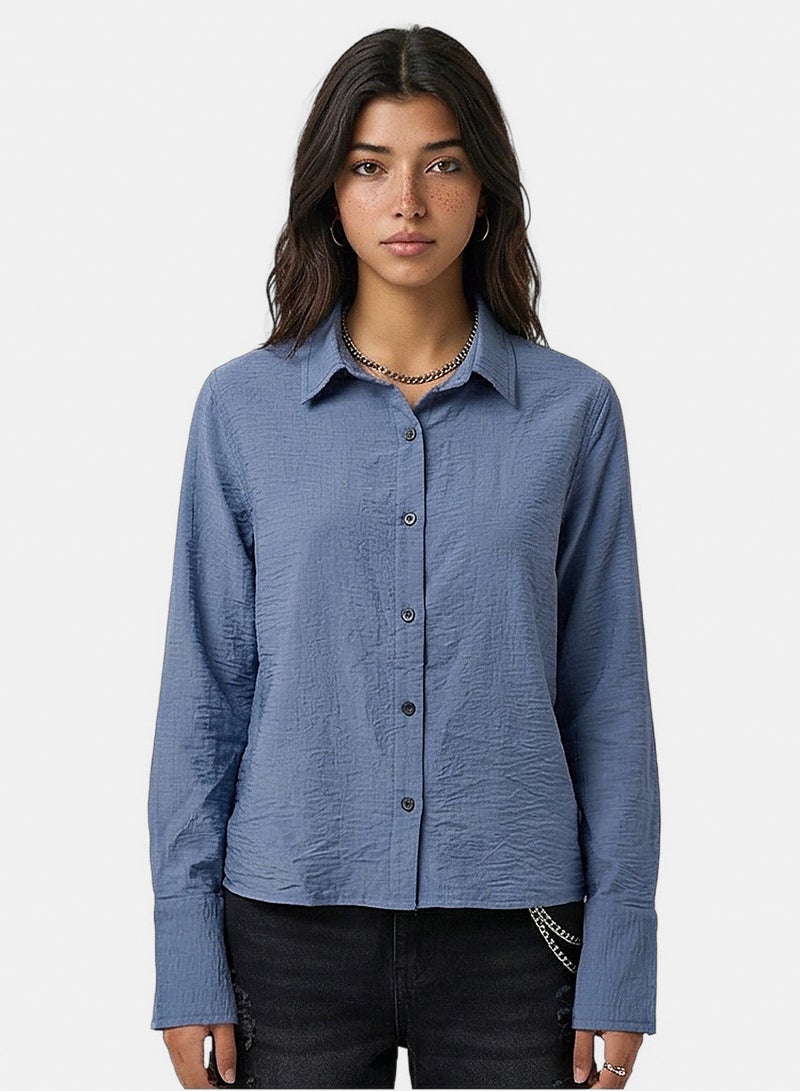 RAVIN Women Slate Blue Textured Button-Down Long Sleeve Shirt - Image 1