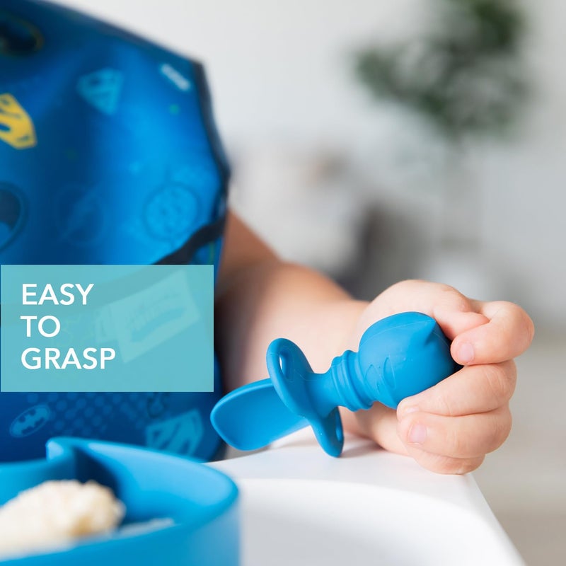 Bumkins Baby Utensils Set, Chewtensils Silicone Spoons for Dipping, Self-Feeding, Baby Led Weaning, Trainer Learning, First Stage Eating, Soft Practice Fork and Spoon, 6 Months, Batman Blue - Image 4