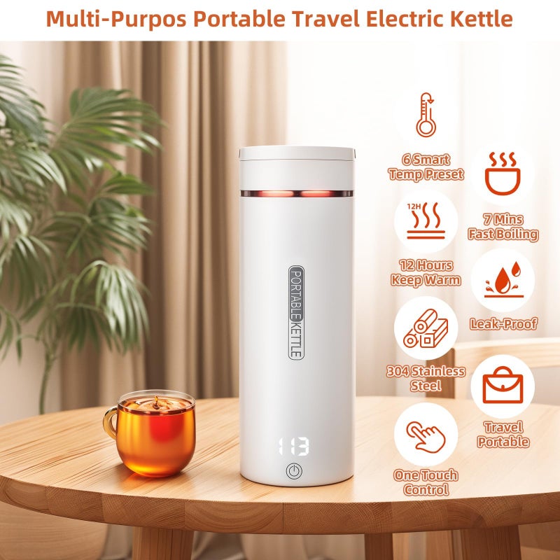SOLARAE Portable Electric Kettle, Small 304 Stainless Steel Hot Water Boiler with 6 Temperature and Control Auto Shut-Off & Boil Dry Protection for Tea Coffee, Mini Coffee Kettle for Travel White - Image 3