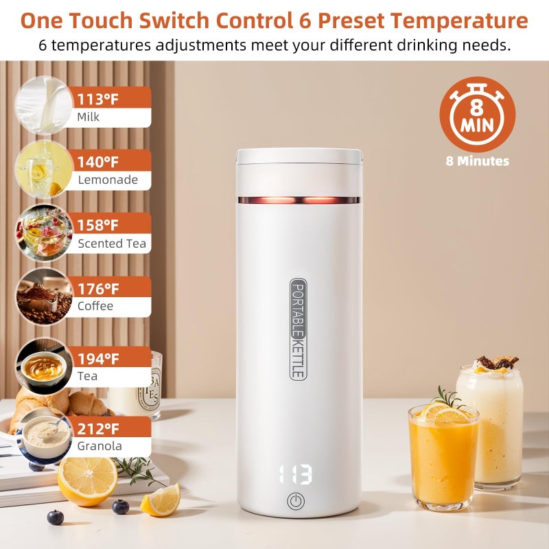 SOLARAE Portable Electric Kettle, Small 304 Stainless Steel Hot Water Boiler with 6 Temperature and Control Auto Shut-Off & Boil Dry Protection for Tea Coffee, Mini Coffee Kettle for Travel White - Image 2
