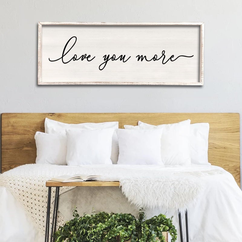 Love You More Sign Wall Decor 4015 Large Vintage Framed Wood Modern Farmhouse Wall Decor for Master Bedroom Above Over Bed Minimalist Wall Art Hanging White