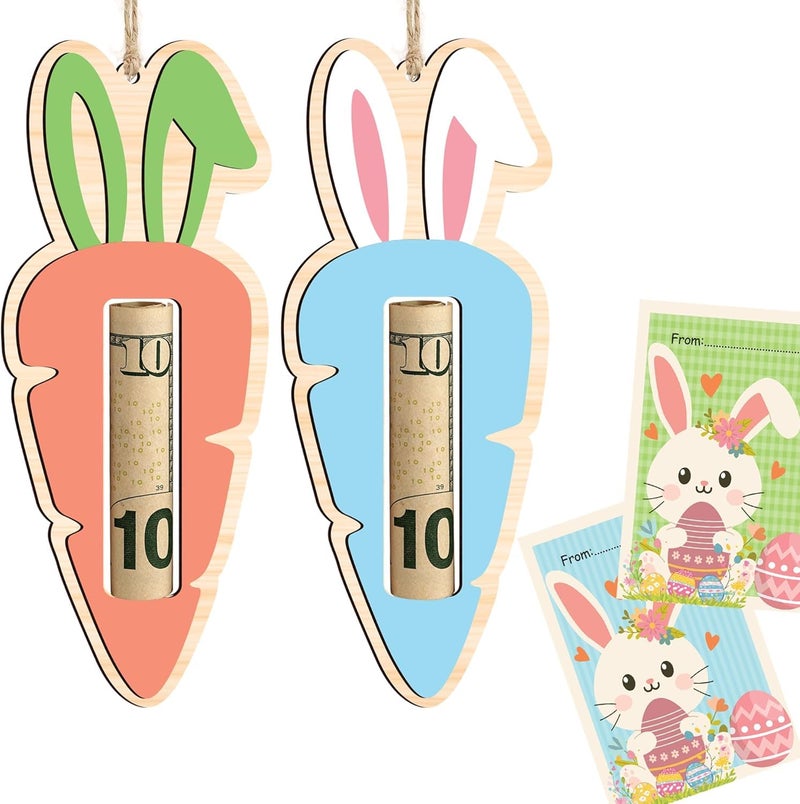 KATINAT Easter Carrot Money Holder for Kids 2.75 x 6.7 Inch, Wooden 2 Layer Easter Basket Stuffer with Card, Bunny Money Cash Holder Gift, Easter Money Holder Easter Gifts Money Gift Holder for Boys Girls Toddlers - Image 1