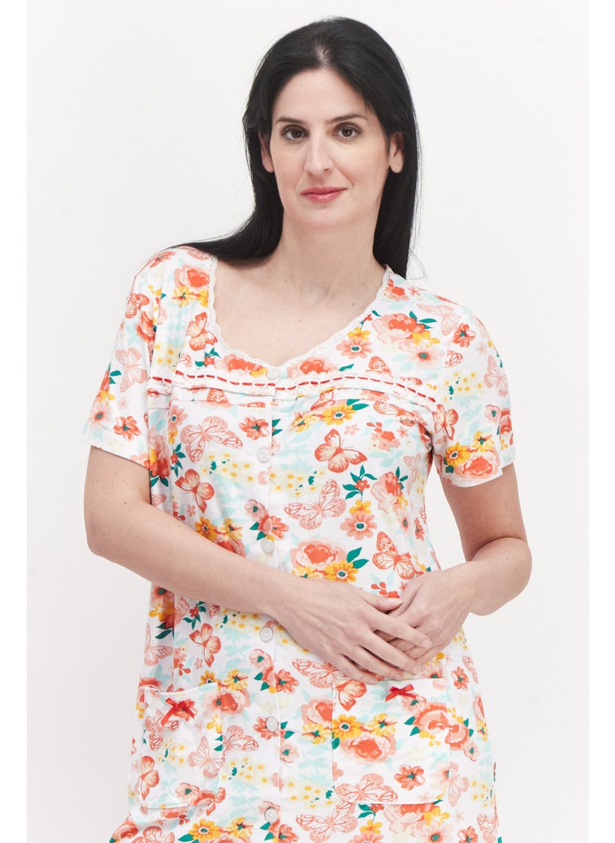 Miss Lillian - Women Floral Short Sleeve Slip Dress, Red Combo - Image 1