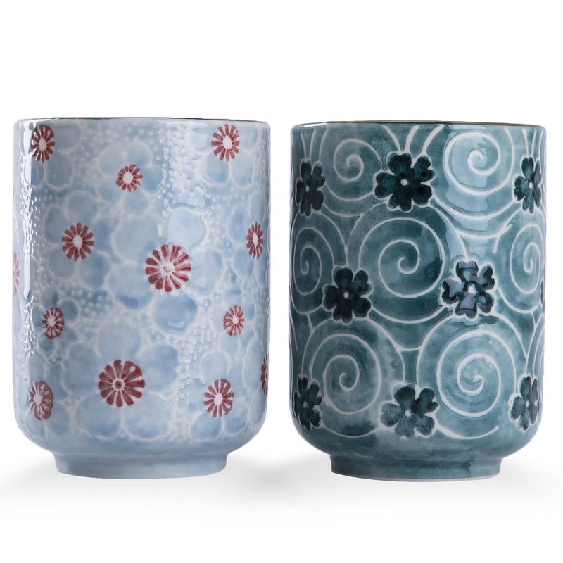 WHJY 10oz Transitional ChineseJapanese style Handleless Ceramic Tea cups teacup Cherry Bloom and Geometric Pattern Set of 2