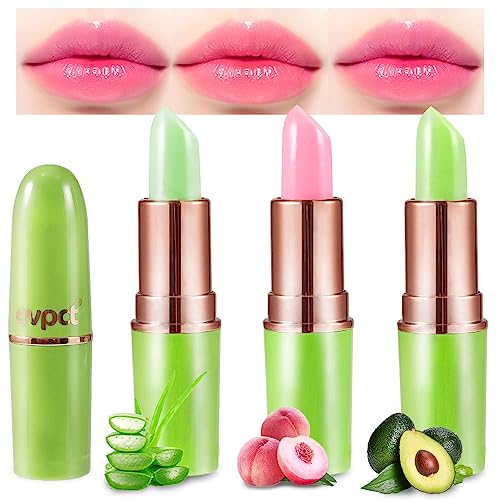 evpct 3Pcs Magic Color Changing Lipstick Long Lasting Waterproof 24 Hours Original for Women Aloe Vera Peach Avocado Pink PH Mood Permanent Color Changing Lipstick Lip Balm Gloss labial magico
