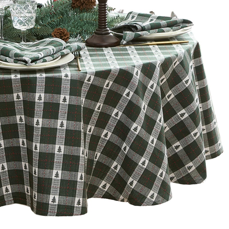 Elrene Home Fashions Sherwood Tree Dobby ChristmasHoliday Cotton Oval Tablecloth 60x84 Green - Image 2