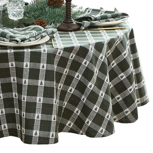 Elrene Home Fashions Sherwood Tree Dobby ChristmasHoliday Cotton Oval Tablecloth 60x84 Green - Image 1