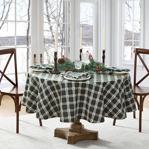 Elrene Home Fashions Sherwood Tree Dobby ChristmasHoliday Cotton Oval Tablecloth 60x84 Green - Image 3