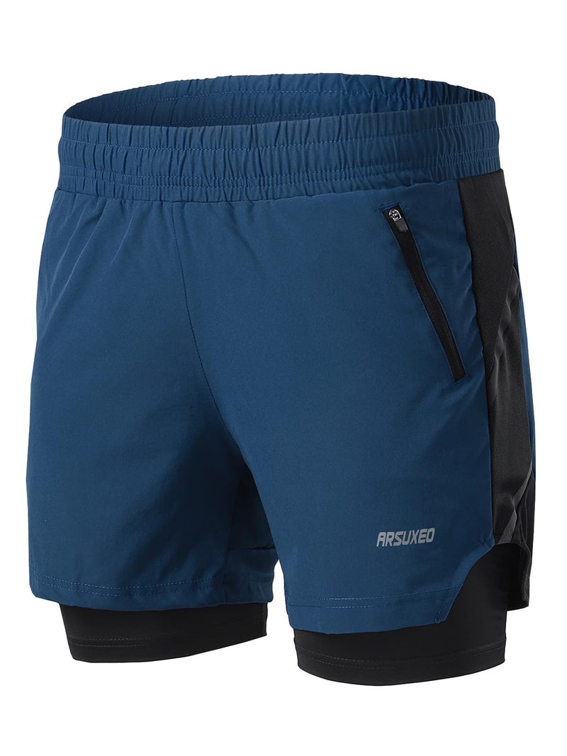 ARSUXEO Men's 2 in 1 Active Running Shorts Athletic Workout Shorts with 2 Zipper Pockets B191 Dark Blue Size X-Large - Image 1