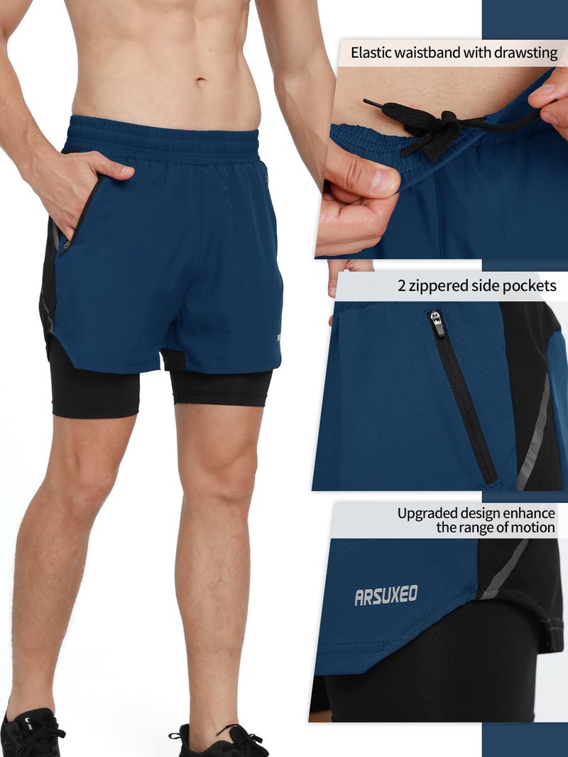 ARSUXEO Men's 2 in 1 Active Running Shorts Athletic Workout Shorts with 2 Zipper Pockets B191 Dark Blue Size X-Large - Image 4