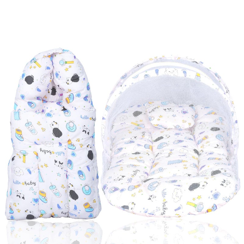 Kid's Charm Kids Charm Panda 2 PCS Combo Set 3 in 1 Babys Cotton Cum Carry Bed2 in 1 Babys Cotton Bed with Mosquito Net for 04 Months Blue - Image 1