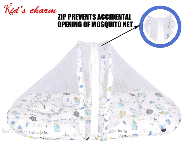 Kid's Charm Kids Charm Panda 2 PCS Combo Set 3 in 1 Babys Cotton Cum Carry Bed2 in 1 Babys Cotton Bed with Mosquito Net for 04 Months Blue - Image 5