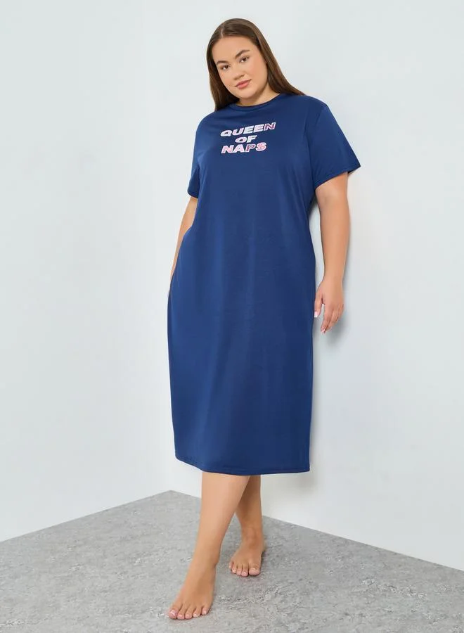 Styli Plus Size Navy Blue Graphic Print T-Shirt Dress