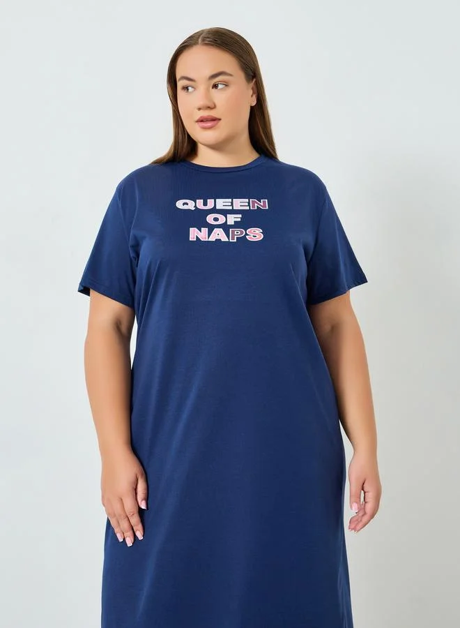 Styli Plus Size Navy Blue Graphic Print T-Shirt Dress