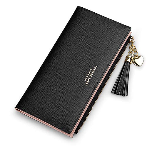 SUMGOGO Slim Wallet for Women Long Tassel Zipper Clutch Purse Handbag Card Case Wallet (Black) - Image 1