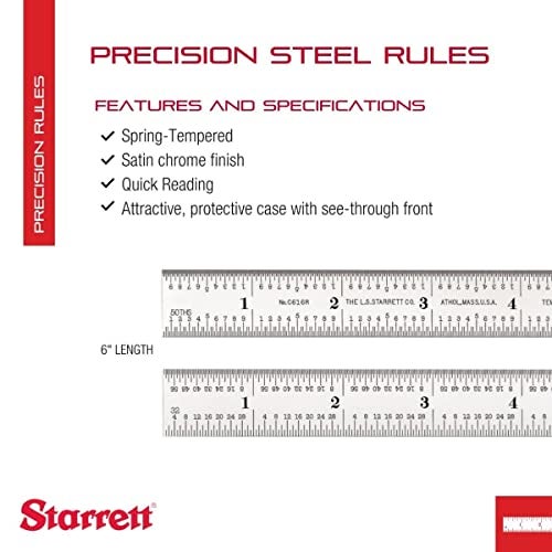 Starrett قواعد ستاريت من الفولاذ المقوى بنابض مع تشطيب كروم ساتان، قراءة سريعة وتخريج بالبوصة - طول 6 بوصات، نوع تخريج 16R، سمك 3/64 بوصة - C616R-6 - Image 2