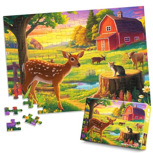 Biarek 100 Pieces Jigsaw Puzzles for Adults Deer Cat Puzzles for Kids Ages 46 68 810 1012 Kids Learning Educational Puzzle Toys for Boys and Girls Farm Kitten and Cow - Image 1