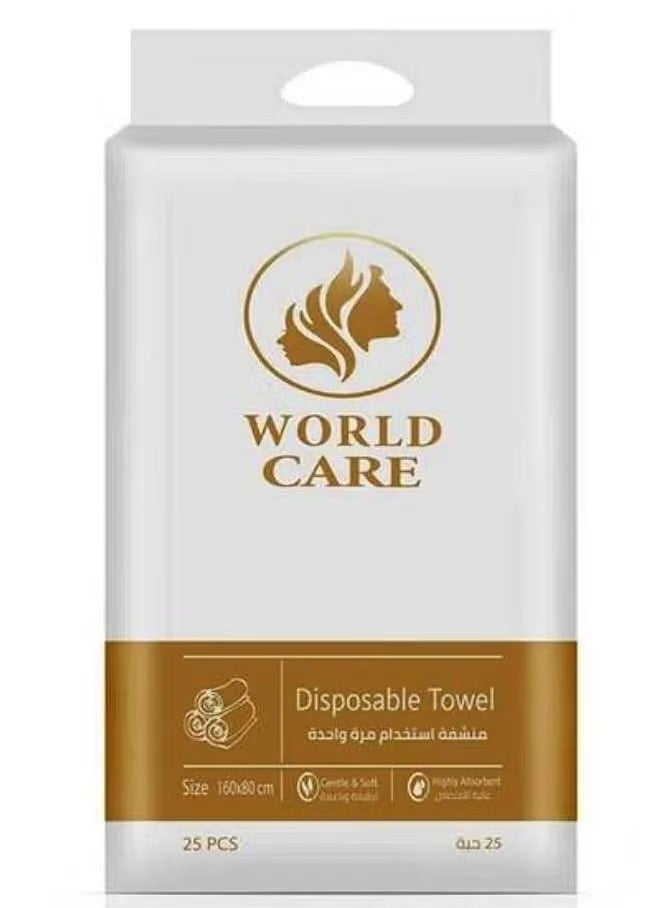 وورلد كير منشفة للاستخدام مرة واحدة مقاس 160×80 سم عالية الامتصاص لطيفة وناعمة 25 قطعة - Image 1
