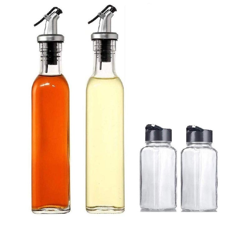 KIDINGTON 500 ml Oil Dispenser and Glass 120 ML Square Spice Jar Vinegar Cruet Bottle Air Tight Salad Dressing Cruet Glass Oil Bottle Clear Pack of 4 - Image 1