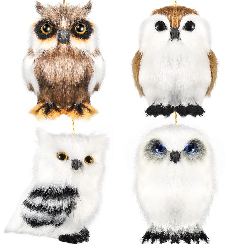4 Pieces Hanging Owl Christmas Ornaments Mini Plush Owl White Ornament Assorted Furry Hanging Decor Christmas Tree Decorations for Party Home Decoration 4 Styles