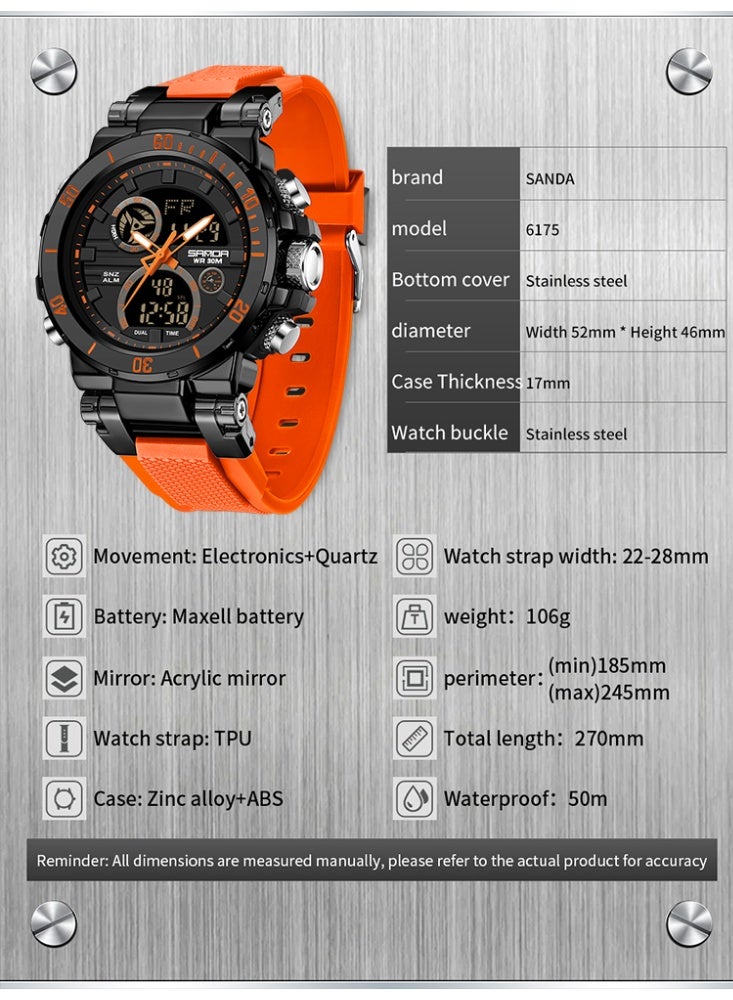 Sanda Fashion Brand Luxury 6175 New Men's Sports Multifunctional Electronic Watch LED Waterproof Dual Display Clock Men's Watch - Image 3